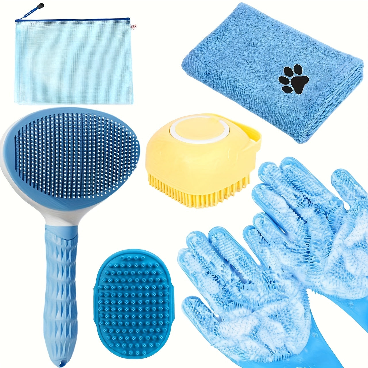 Dog Grooming Kit: Comb, Towel, Massage Brush, Cleaning Gloves, and Storage Bag