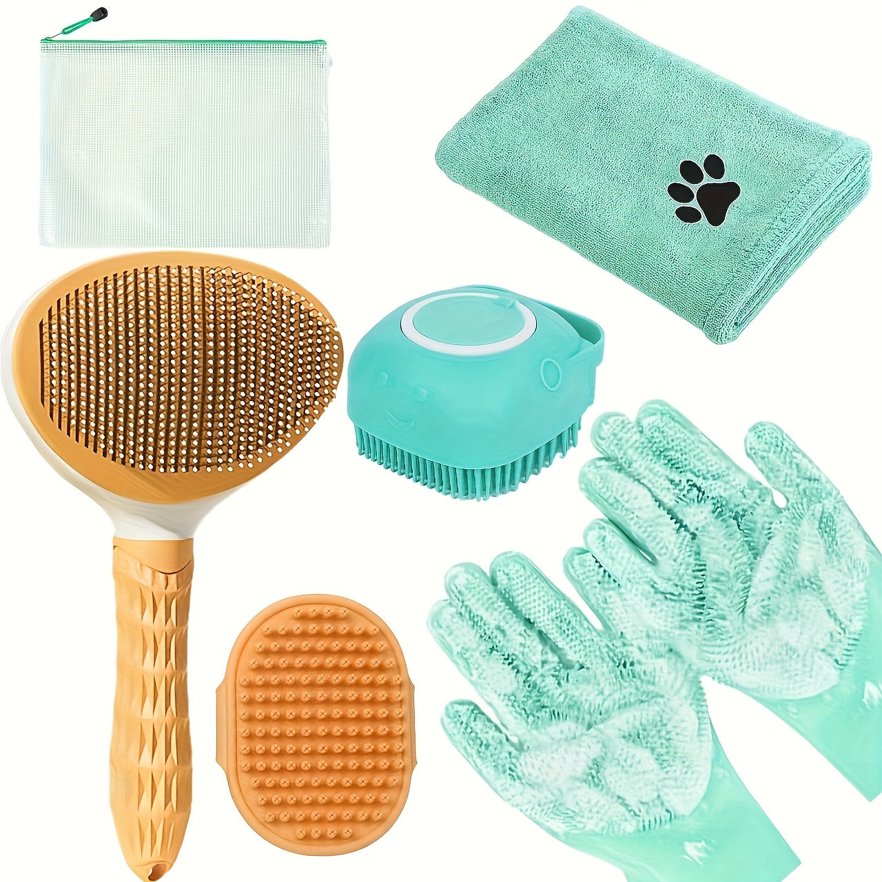 Dog Grooming Kit: Comb, Towel, Massage Brush, Cleaning Gloves, and Storage Bag