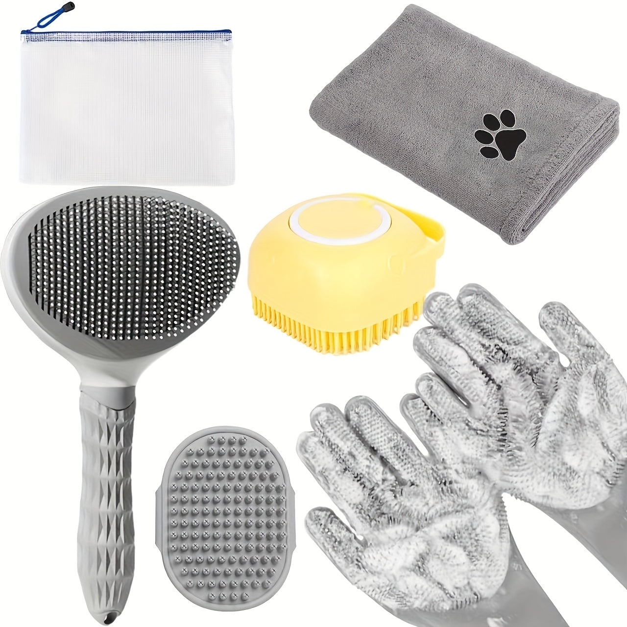 Dog Grooming Kit: Comb, Towel, Massage Brush, Cleaning Gloves, and Storage Bag
